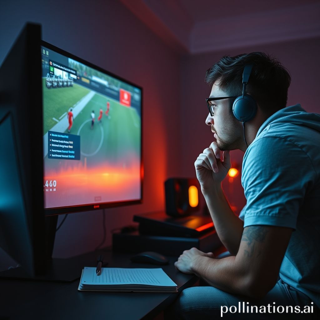 A gamer reviewing their gameplay on a large monitor, with a second monitor displaying notes or statistics. The room is dimly lit, focusing attention on the screens. The gamer is leaning forward, thoughtfully analyzing the footage, with a notebook and pen nearby. Digital interface, focused expression, learning environment, cinematic, highly detailed, 8k