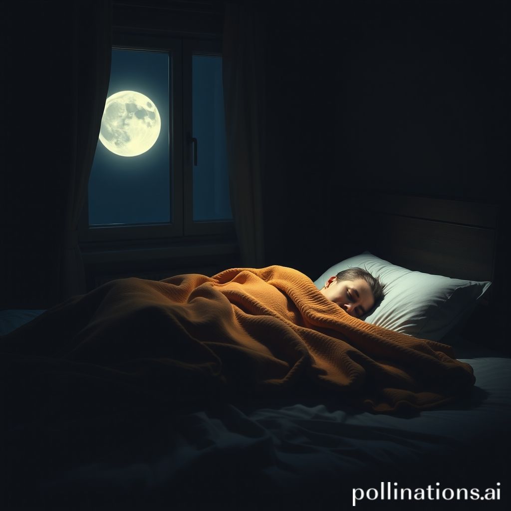 A cozy, dark bedroom with a person sleeping peacefully under a warm blanket. Soft, diffused moonlight streams through a window, creating a serene and restful atmosphere. The focus is on deep, undisturbed sleep, healthy rest, peaceful, ultra realistic, highly detailed, 8k quality, cinematic lighting