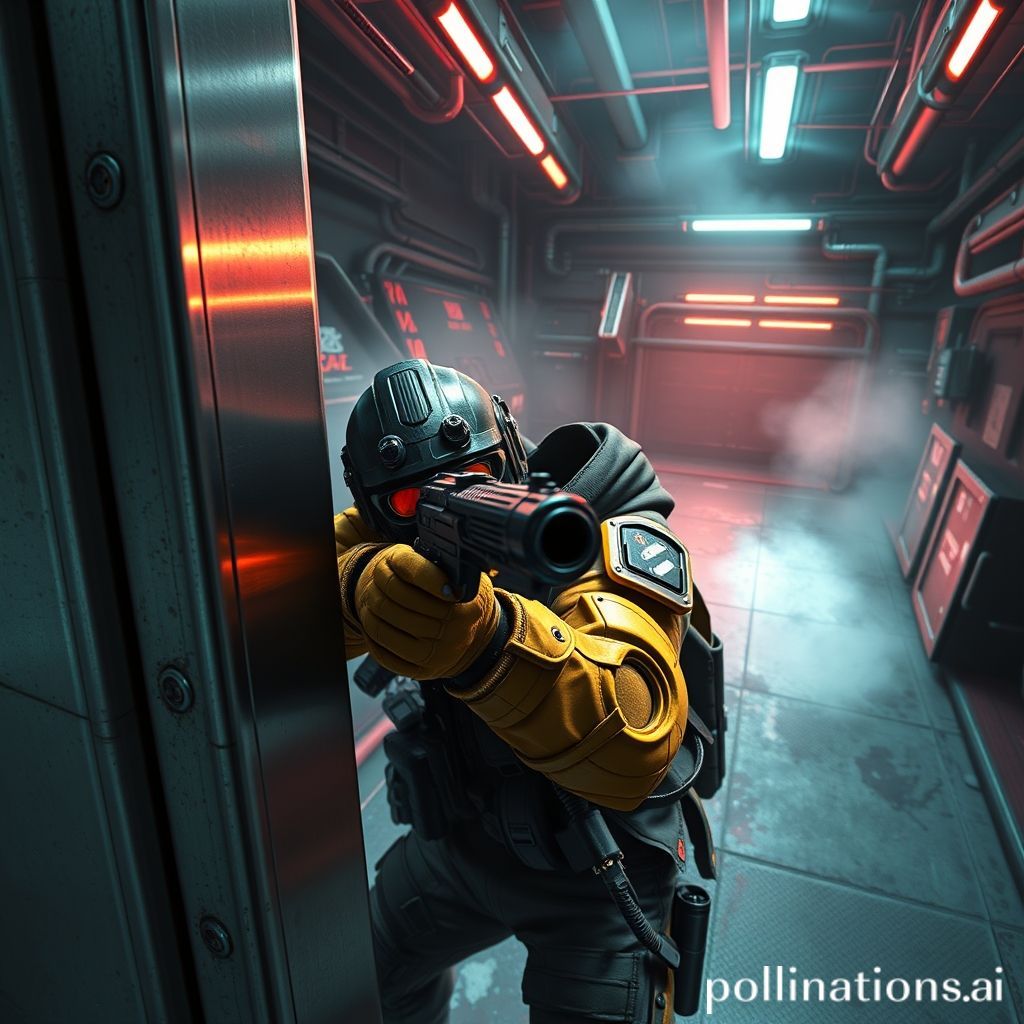 A dynamic scene in a futuristic FPS game, showing a player expertly jiggle peeking around a metallic corner, weapon raised, with muzzle flash. The environment is a high-tech industrial facility with neon lighting and smoke effects. Action-packed, high contrast, ultra-realistic.