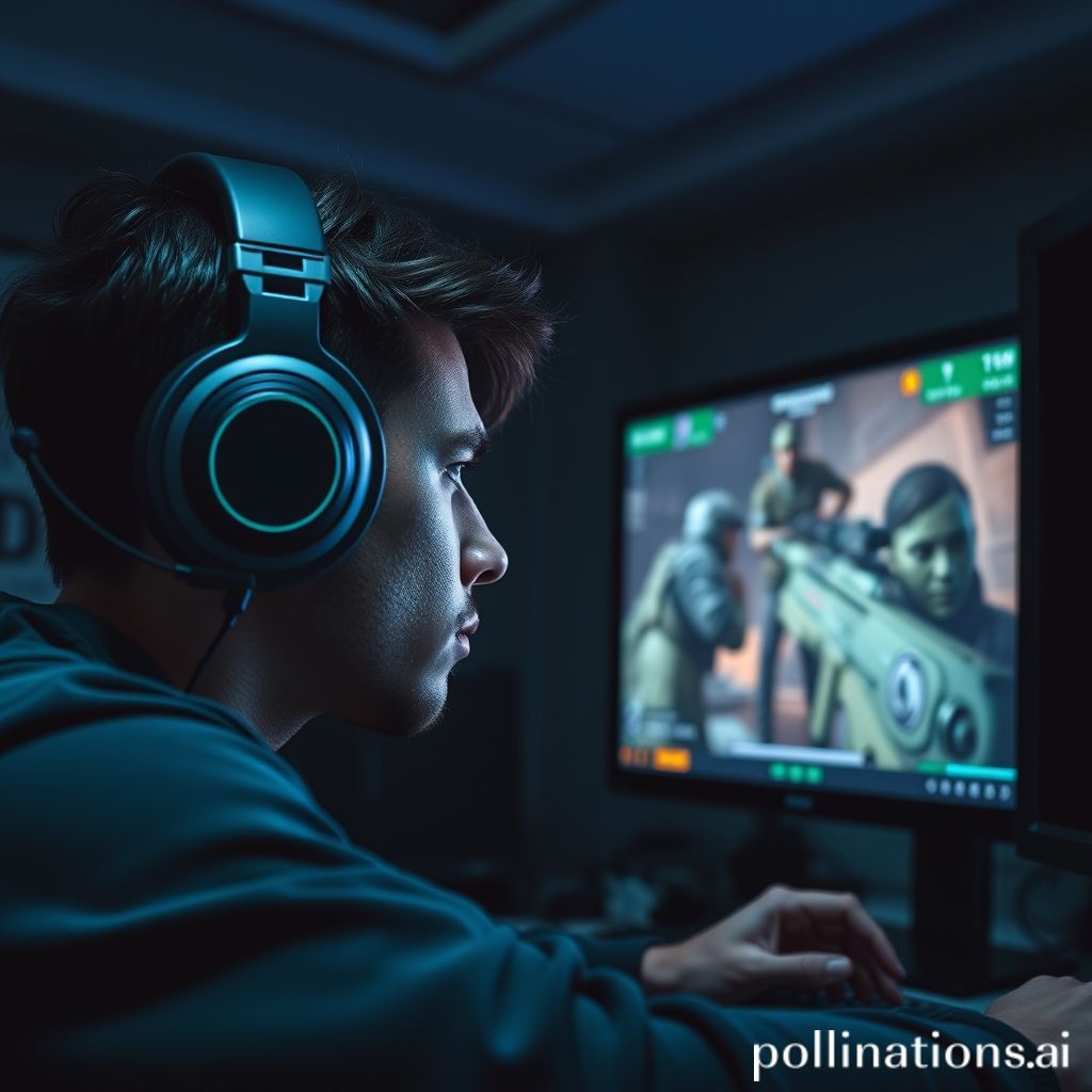 A focused gamer wearing a headset, intently analyzing a replay of an FPS match on a large screen. The screen shows tactical overlays and statistics. The player has a thoughtful expression, surrounded by a subtle aura of concentration in a dimly lit room with strategic lighting. Pensive, high detail, realistic.