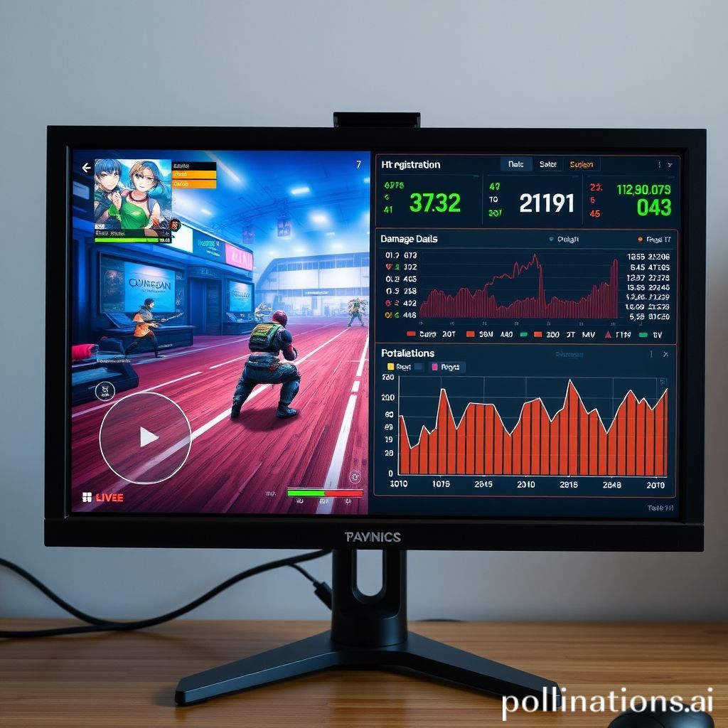 A split-screen view on a gaming monitor, one side showing live competitive FPS gameplay, and the other side showing a detailed analytical overlay with hit registration, damage dealt, and player positioning data. The screen is vibrant with game UI elements and statistical graphs. Educational, technical, high definition.