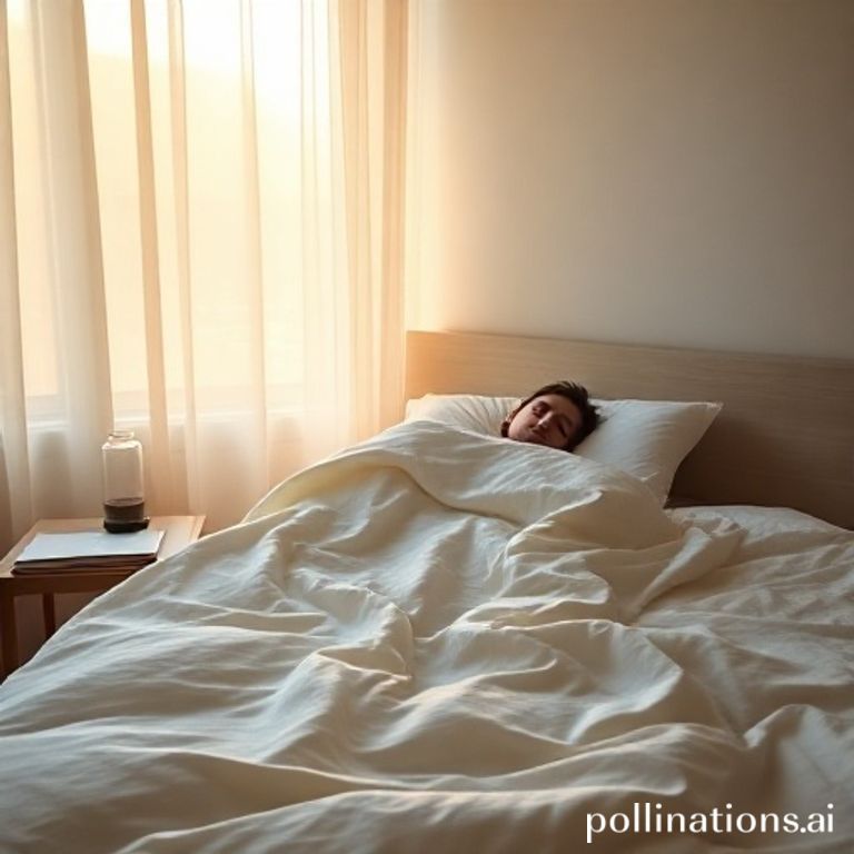 A peaceful bedroom at dawn, with soft natural light filtering through sheer curtains. A person is sleeping soundly under a cozy duvet, a minimalist nightstand with a glass of water and a book beside the bed. The atmosphere is calm and serene, promoting rest and rejuvenation, warm natural sunlight, cinematic atmosphere, ultra realistic, highly detailed, 8k quality, photorealistic