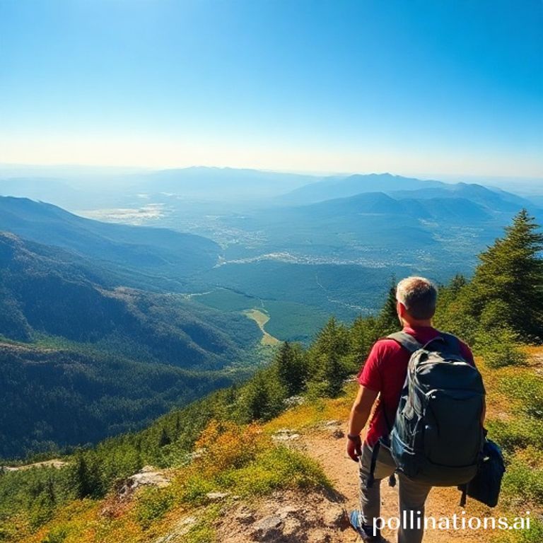 A person hiking on a scenic mountain trail, looking out at a vast, beautiful landscape with lush green trees, distant peaks, and a clear blue sky. The sunlight is warm and inviting, capturing a sense of peace and freedom, adventure, nature, vibrant colors, wide shot, cinematic, ultra realistic, highly detailed, 8k quality, photorealistic