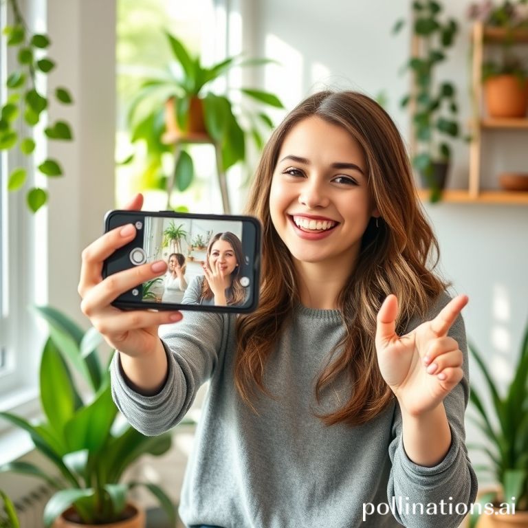 a young woman with a warm smile holding a smartphone, actively recording a vibrant and energetic short video for social media. She is in a cozy, plant-filled home office, surrounded by soft, natural light, using expressive hand gestures. The phone screen shows a live view with playful filters and text overlays, capturing a moment of authentic creativity, educational, inspiring, bright and inviting colors, photorealistic