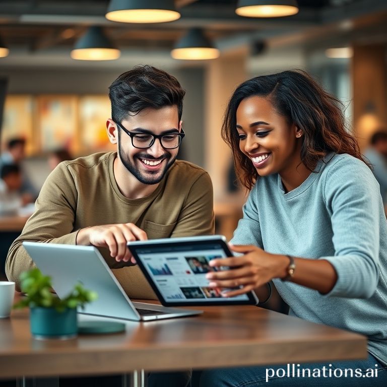 two diverse young entrepreneurs, one male and one female, enthusiastically collaborating on a social media strategy. They are seated at a modern co-working space table, sharing ideas and pointing at a tablet displaying analytics and content plans. The background shows blurred creative individuals working, suggesting a vibrant, collaborative environment, warm and professional lighting, detailed, cinematic, high resolution