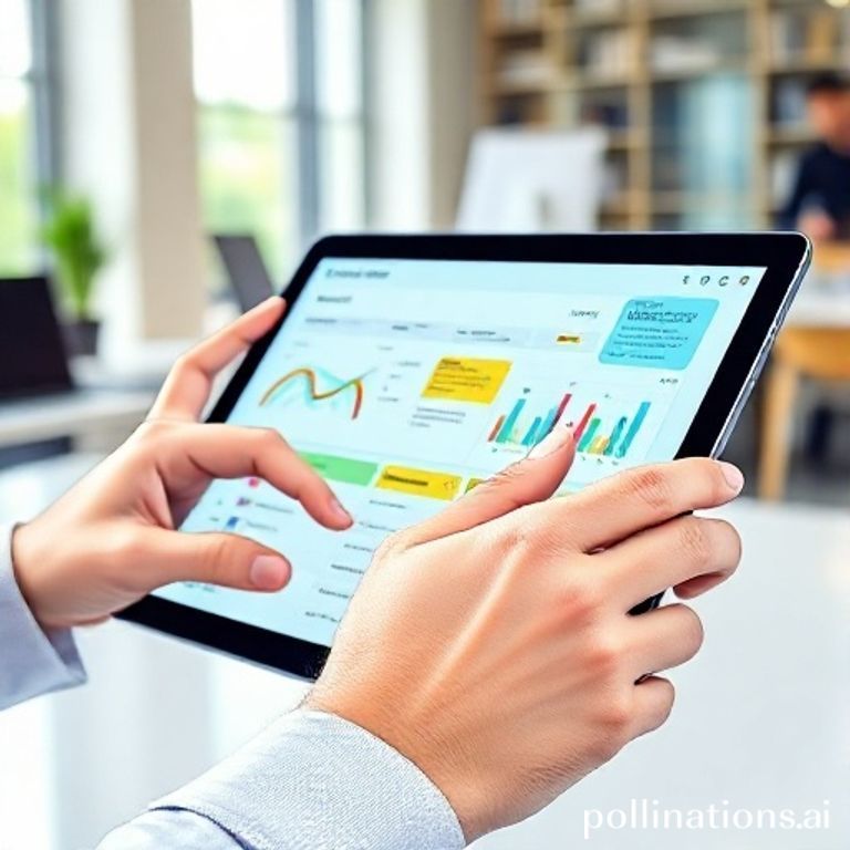 Close-up of a person's hands efficiently navigating a sleek, modern productivity app on a high-resolution tablet, with a blurred background showing a minimalist office environment. The screen displays colorful charts and task lists, indicating organization and progress. Focus on the digital interface and the user's interaction, vibrant colors, high-tech, professional, soft ambient lighting.