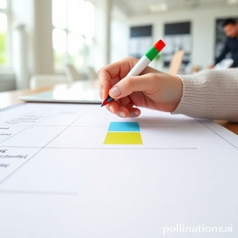 A professional's hand holding a colorful marker, actively filling in different colored blocks on a large, clean whiteboard or a physical desk planner. The planner clearly shows sections for 'Urgent/Important,' 'Schedule,' 'Delegate,' and 'Eliminate,' with various tasks written within. The background is a bright, organized office space with natural light. Dynamic, focused, professional, close-up shot, soft lighting.