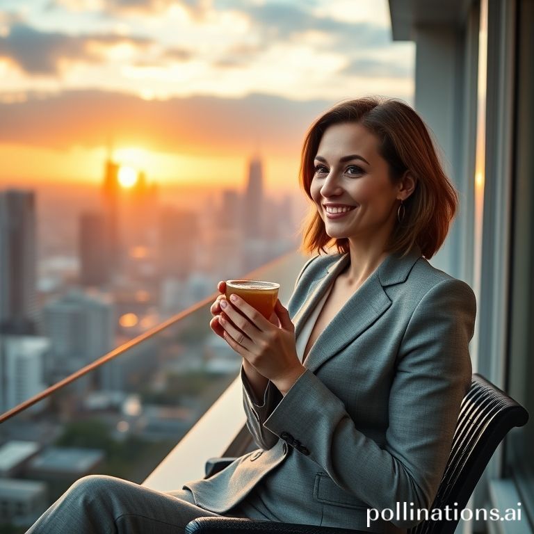 A professional, mid-30s woman with a serene expression, relaxing on a stylish balcony overlooking a vibrant city skyline at sunset. She is holding a cup of herbal tea, gently smiling, with a soft, warm glow from the golden hour lighting. The scene evokes a sense of peace, accomplishment, and work-life balance, symbolizing reclaimed personal time. Aspirational, highly detailed, cinematic atmosphere, ultra realistic.