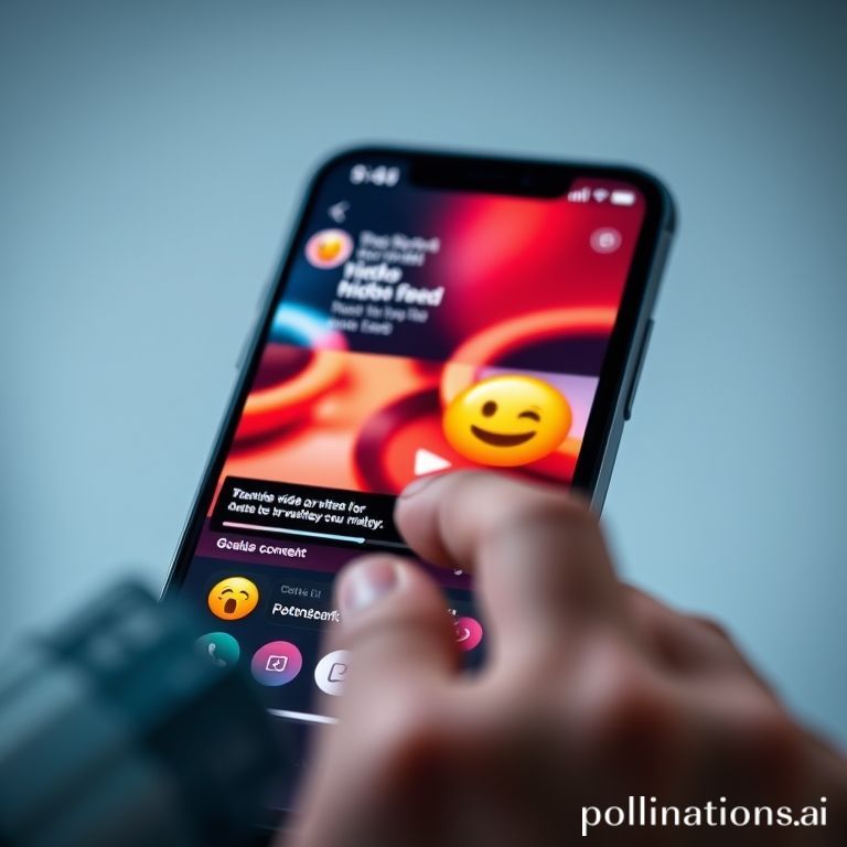 Close-up of a smartphone screen displaying a dynamic short-form video feed with engaging content, emojis reacting, and a finger tapping to scroll, vibrant colors, soft studio lighting, modern tech aesthetic, ultra realistic, detailed, 4k quality