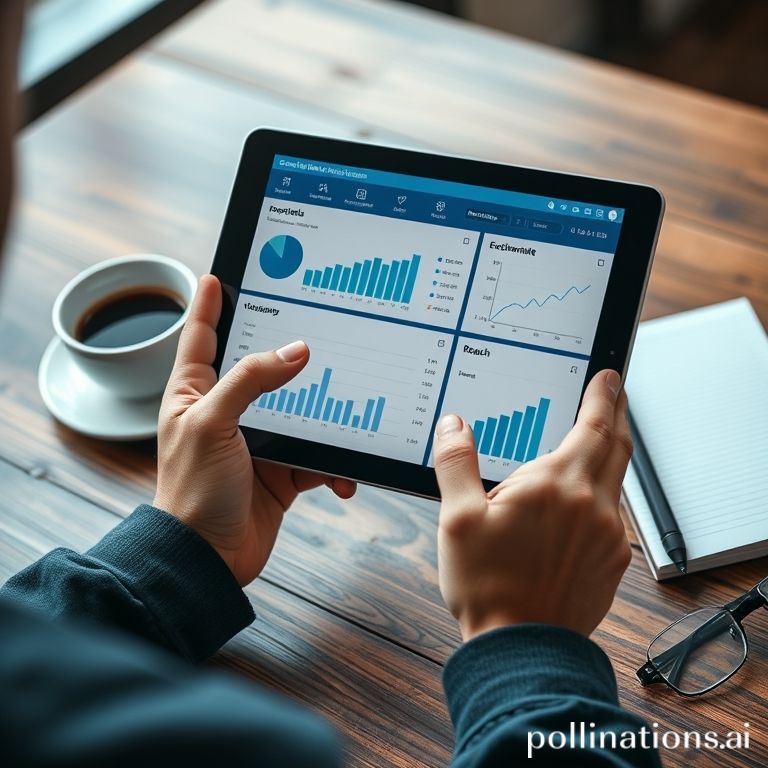 A person's hands holding a tablet displaying a detailed social media analytics dashboard with various charts, graphs, and key performance indicators like engagement rate, follower growth, and reach. The screen shows data in cool blue and green tones, indicating a professional and data-driven approach. A cup of coffee and a notebook are on a wooden table in the background, suggesting focused work, highly detailed, 8k quality, photorealistic