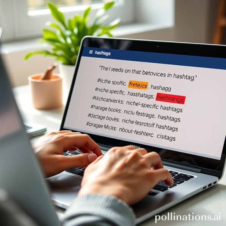 A person's hand typing on a laptop keyboard, with a screen showing a social media post draft and a list of strategically chosen hashtags. The hashtags are a mix of popular, niche-specific, and branded ones, highlighted in different colors. The background is a clean, modern desk with a plant and natural light, emphasizing thoughtful content creation, vibrant, high resolution, photorealistic