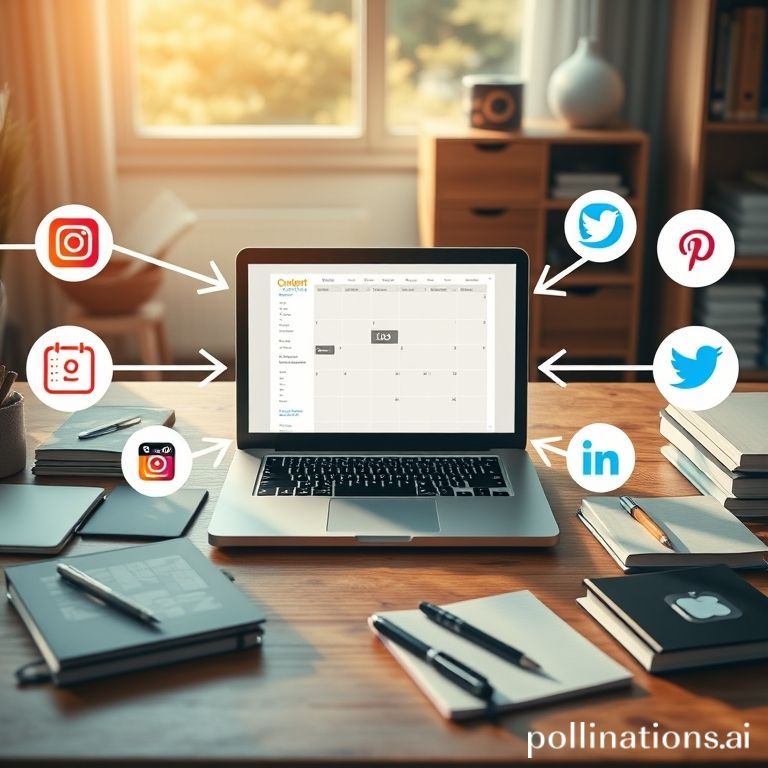 A creative workspace with a central laptop screen showing a content calendar and various social media icons surrounding it. Arrows flow from a central piece of content (e.g., a blog post icon) to different platform icons (Instagram, TikTok, Twitter, LinkedIn), illustrating the concept of content repurposing. The desk is organized with notebooks and pens, bathed in warm natural sunlight, conveying efficiency and creativity, cinematic atmosphere, ultra realistic, highly detailed, 8k quality, photorealistic
