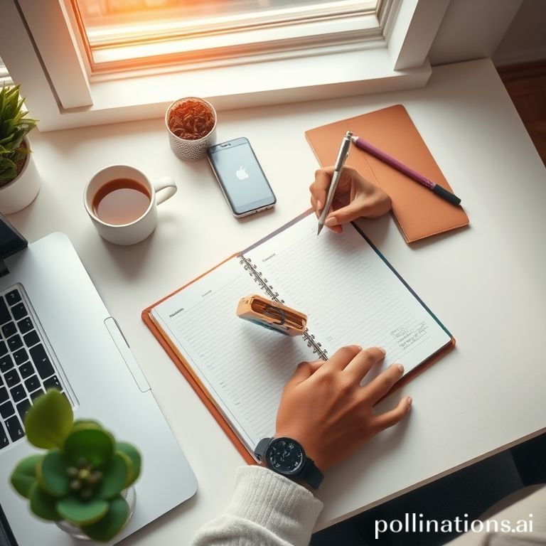 An organized desk setup with a planner, laptop, and a cup of coffee, early morning light filtering through a window, hands (diverse ethnicity) actively writing in a journal, focus on planning and productivity, clean and modern aesthetic, bright and inviting, highly detailed, photorealistic