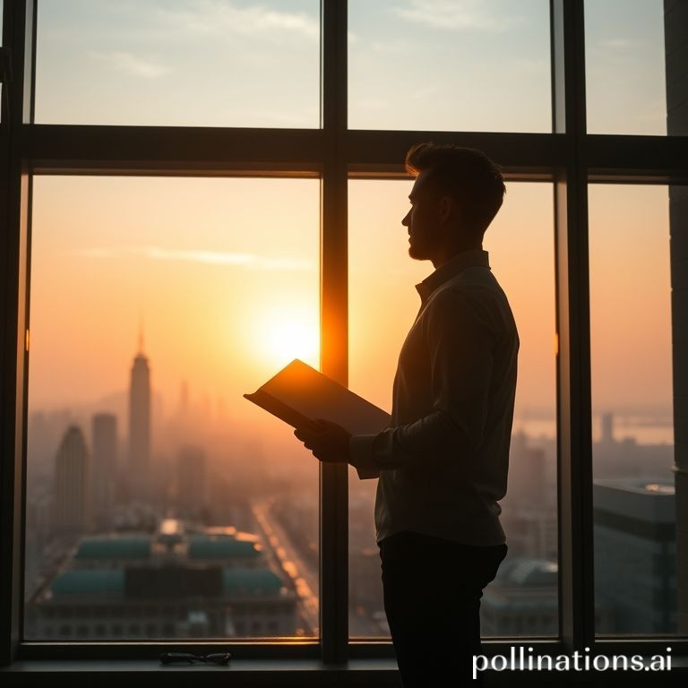 A person standing by a large window, looking out at a tranquil sunrise over a city skyline, holding a journal or vision board, deep in thought, peaceful and reflective mood, silhouette with warm golden light, inspirational, cinematic, highly detailed, photorealistic