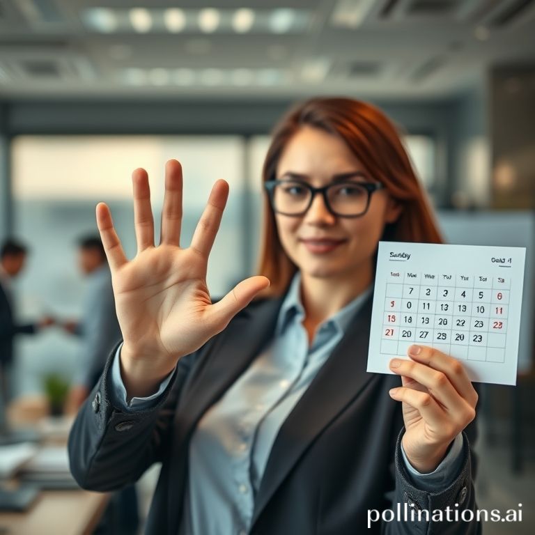 A professional politely but firmly gesturing 'stop' with one hand while looking at a calendar, symbolizing setting boundaries and saying 'no' to distractions or non-essential tasks, background slightly blurred to show a busy office but the foreground character is calm and in control, warm, empowering, corporate setting, realistic, high detail