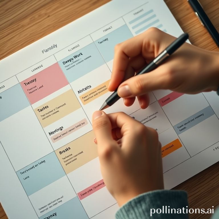 A close-up of a meticulously organized weekly planner or digital calendar, with distinct color-coded blocks for different tasks like 'deep work,' 'meetings,' and 'breaks,' a hand holding a pen hovering over it, soft ambient lighting, focus on organization and planning, clean, modern aesthetic, top-down shot, realistic, detailed