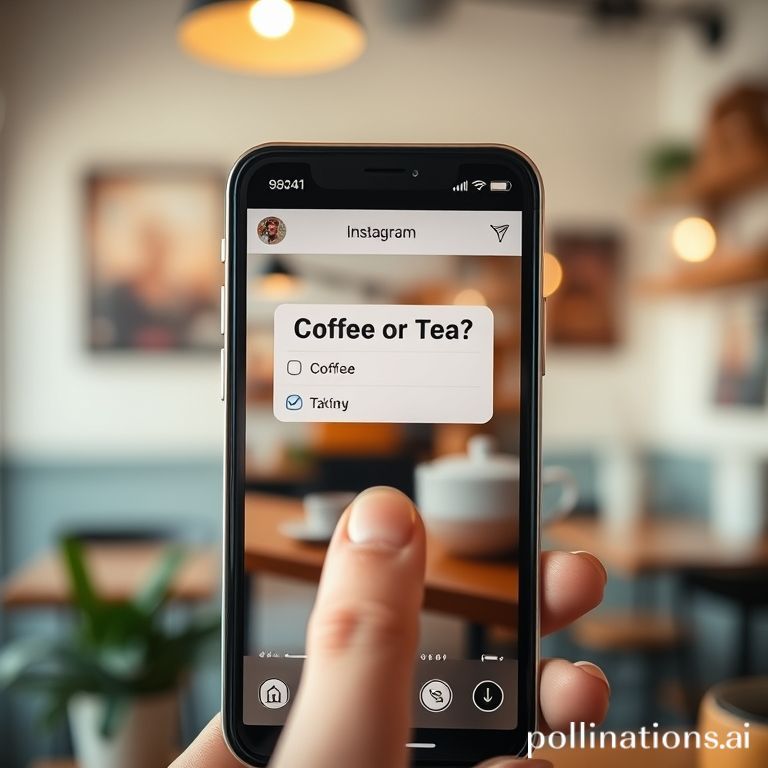 Close-up of a smartphone screen showing an Instagram Story with an active poll sticker asking 'Coffee or Tea?', two options clearly visible, with a finger about to tap, bright and clean aesthetic, soft focus background of a cozy café, warm lighting, highly detailed, photorealistic