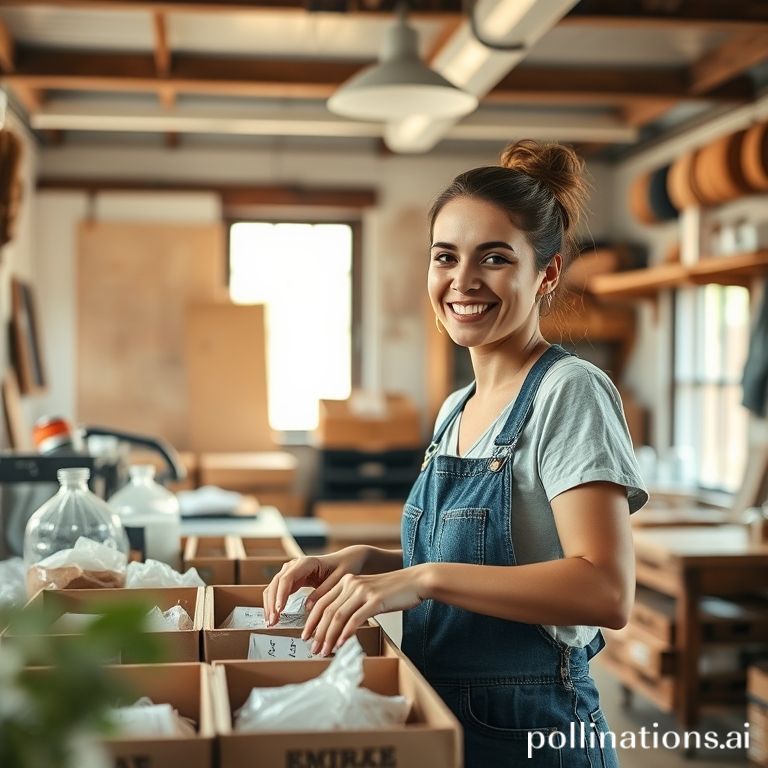 A candid shot of a small business owner smiling while packaging handmade products in a rustic, well-lit studio, showcasing the behind-the-scenes process, natural light, warm and inviting atmosphere, authentic, documentary style photography, shallow depth of field