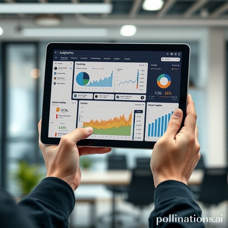 A person's hands holding a tablet displaying complex social media analytics dashboards. Charts, graphs, and data points are clearly visible, showing engagement rates, audience demographics, and content performance. The background is a blurred modern office setting. Focus on data visualization, clean design, professional, high detail, 8k quality, photorealistic