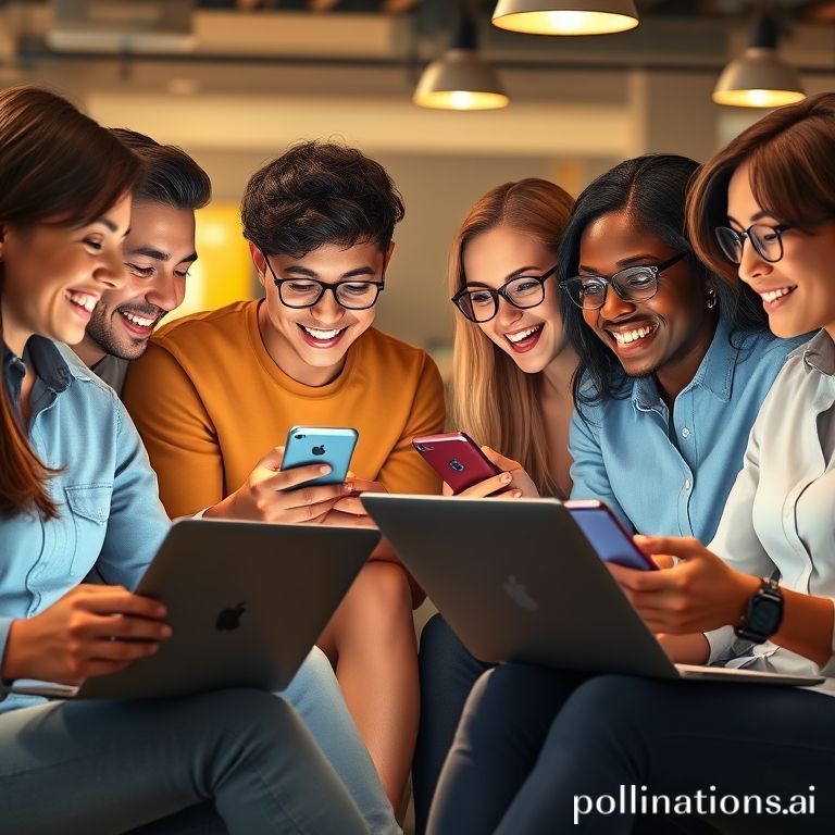 A diverse group of young professionals engaged in a lively online group chat on their laptops and smartphones. They are smiling, typing, and reacting to messages, showing genuine connection and collaboration. Warm, inviting lighting in a modern co-working space, diverse ethnicities, candid moments, highly detailed, 8k quality, photorealistic