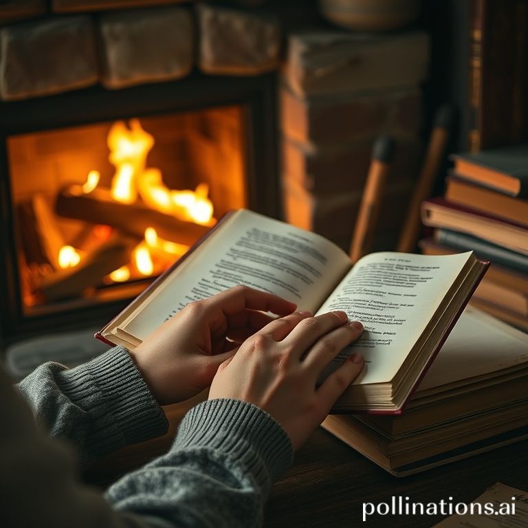 A cozy, warm scene with a person's hands holding an open book near a fireplace, casting soft, flickering light. The atmosphere is inviting and contemplative, evoking a sense of storytelling and comfort. Stack of old books beside, wooden table, cinematic lighting, ultra realistic, highly detailed, 8k quality, photorealistic