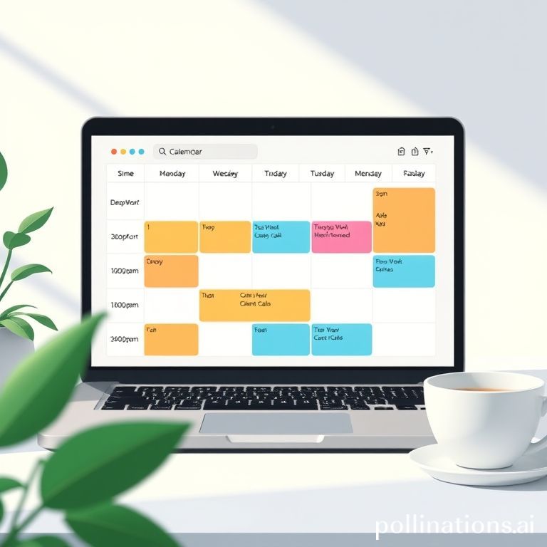 Digital calendar on a laptop screen with clearly defined color-coded time blocks for different tasks like 'Deep Work', 'Meetings', 'Client Calls', surrounded by a minimalist workspace with a plant and a coffee cup, bright natural light, professional, high resolution.