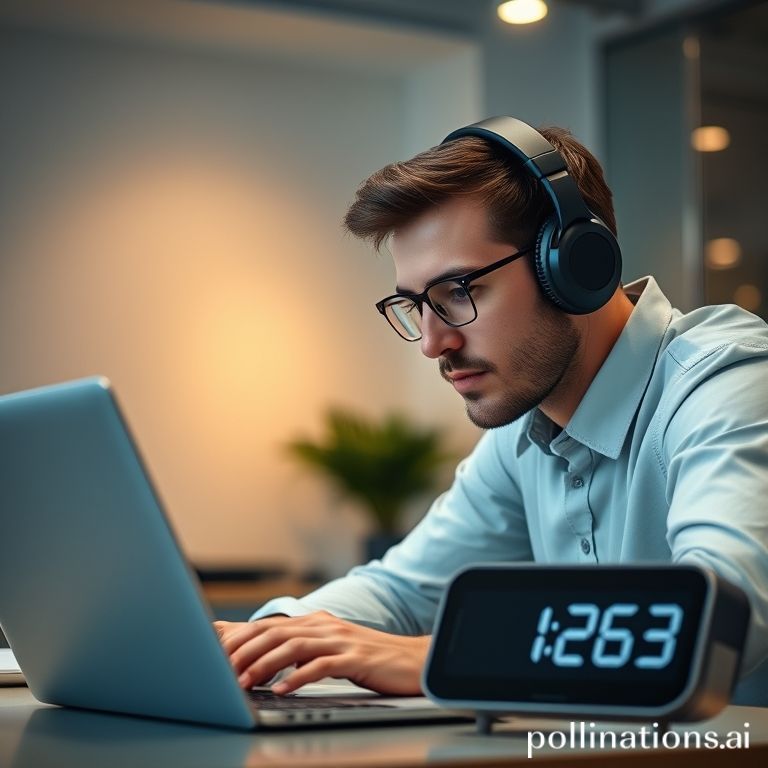 A focused professional wearing noise-canceling headphones, intensely working on a laptop, with a sleek, modern desk timer prominently displayed next to them, soft ambient light, contemporary office setting, high detail, cinematic, productivity mood.