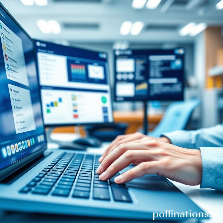 A busy professional's hands typing quickly on a keyboard, with multiple digital screens open displaying various productivity apps, calendar, and email, blurred background of a modern, organized workspace, dynamic, focused energy, vibrant blue and white color scheme, ultra realistic, highly detailed, 8k quality, photorealistic