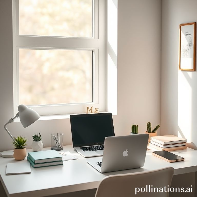 A minimalist desk setup with a clean laptop, a single plant, and an organized set of office supplies, bathed in soft, diffused natural light coming through a window, serene, productive atmosphere, warm pastel colors, ultra realistic, highly detailed, 8k quality, photorealistic