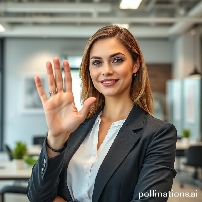A professional woman gently but firmly gesturing 'no' with her hand, in a modern, collaborative office setting, her expression is polite yet assertive, emphasizing boundaries, soft lighting, professional attire, clear communication, ultra realistic, highly detailed, 8k quality, photorealistic