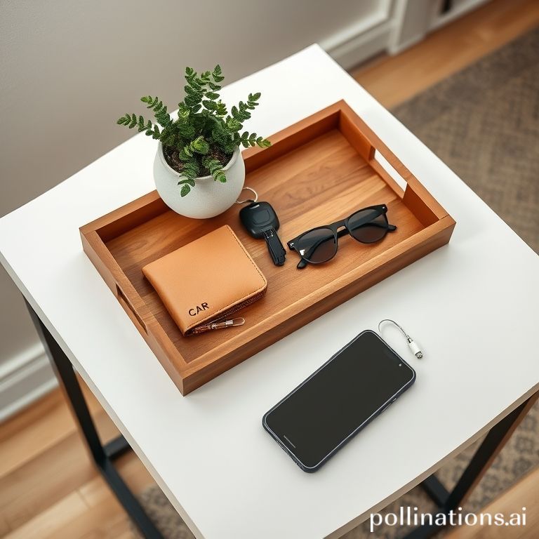 A stylish and organized entryway table with a wooden tray holding car keys, a minimalist wallet, sunglasses, and a phone, a small plant in a ceramic pot, natural light, clean and modern design, warm tones, high angle shot, detailed