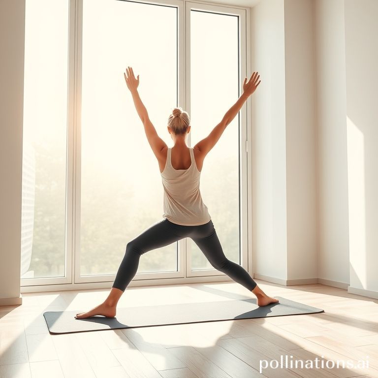 A person in comfortable activewear performing gentle morning stretches by a large window with soft sunlight streaming in, a yoga mat on a light wooden floor, a sense of calm and well-being, minimalist interior, natural light, serene atmosphere, 8k quality