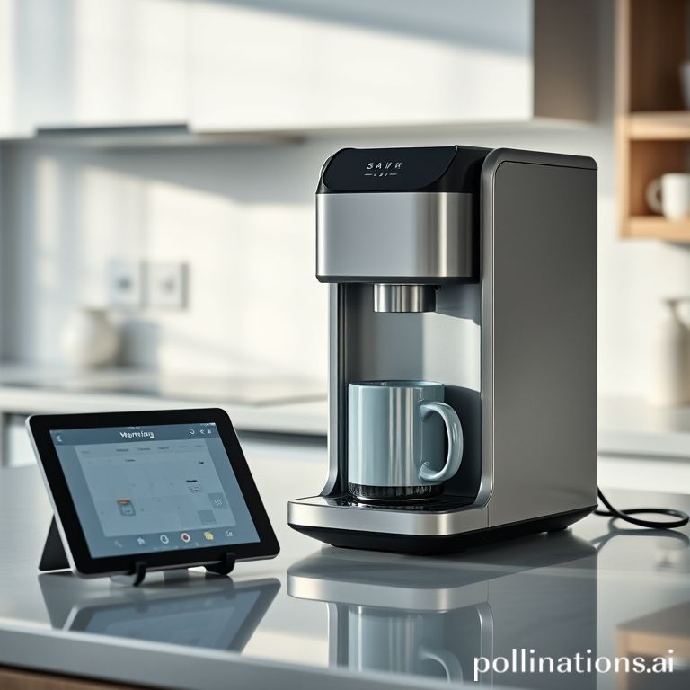 A modern kitchen counter with a sleek, automated coffee machine brewing coffee into a mug, a smart tablet displaying a morning schedule, subtle smart home indicators in the background, clean design, morning light, efficient and high-tech feel, detailed, photorealistic