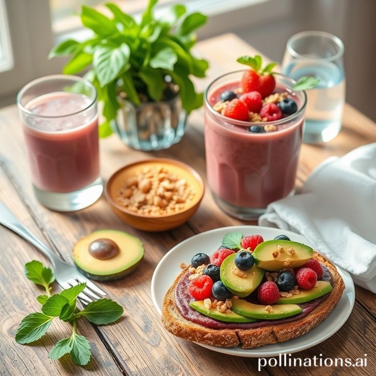 a vibrant healthy breakfast spread with a smoothie bowl topped with berries and granola, a glass of water, and a whole-wheat toast with avocado, set on a rustic wooden table, bright natural light, fresh and inviting, food photography style, high resolution