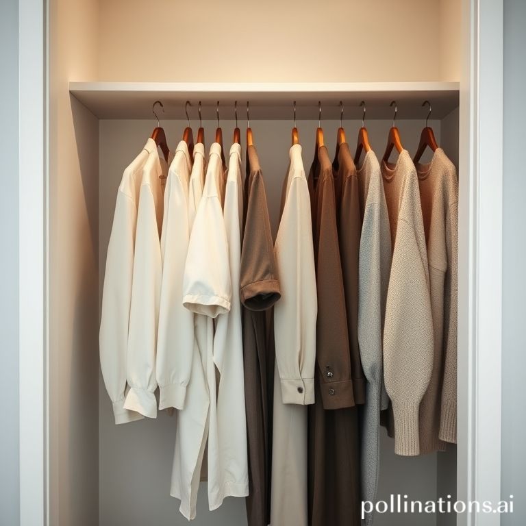 a minimalist capsule wardrobe neatly organized in an open closet, featuring neutral-toned clothing items like shirts, trousers, and sweaters on hangers, with a sense of simplicity and efficiency, soft ambient lighting, clean aesthetic, high detail, fashion photography