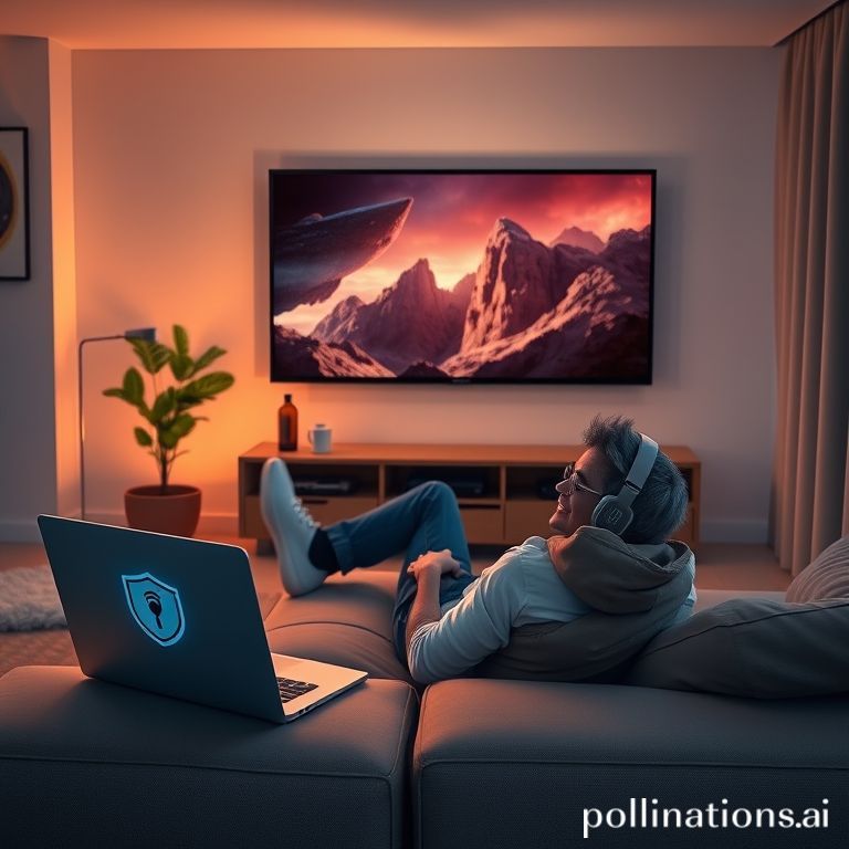 A person comfortably reclined on a sofa, happily watching a high-definition movie on a large smart TV, with a laptop nearby subtly showing a VPN interface connected, living room is cozy with warm ambient lighting, modern minimalist decor, cinematic atmosphere, ultra realistic, highly detailed, 8k quality, photorealistic