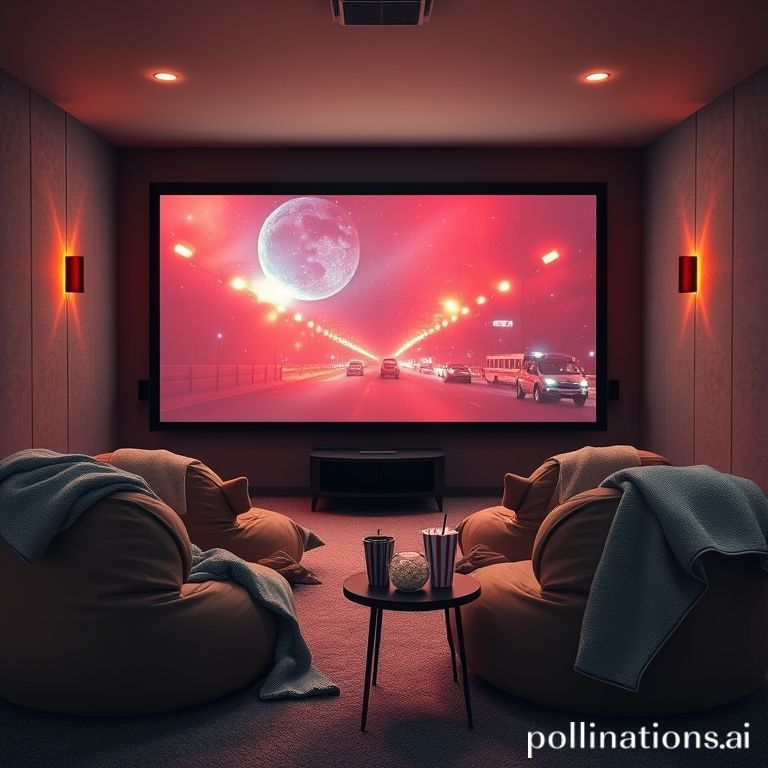 A cozy home theater setup with a large projection screen displaying a vibrant movie scene, comfortable beanbag chairs and blankets, popcorn and drinks on a side table, soft ambient lighting, creating a perfect movie night atmosphere, warm and inviting, cinematic quality, ultra realistic, highly detailed, 8k quality, photorealistic