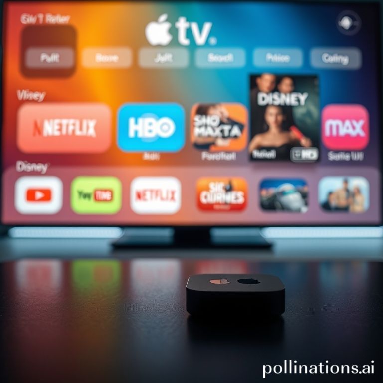 A close-up shot of an an Apple TV 4K interface on a large, vibrant OLED TV screen, showing app icons for Netflix, Disney+, HBO Max, and a crisp movie poster for a popular sci-fi film, with a minimalist remote control resting on a dark, polished surface in the foreground, cinematic lighting, ultra-realistic, highly detailed, 8k quality, photorealistic