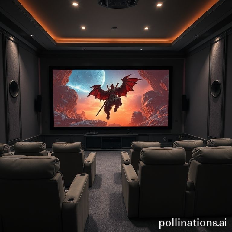 A luxurious home theater room with plush recliners, a large projection screen displaying a vibrant movie scene from a fantasy epic, hidden surround sound speakers integrated into the walls, soft ambient lighting from recessed ceiling lights, a high-end AV receiver visible in a sleek media console, dark rich colors, immersive, cinematic atmosphere, 8k quality, photorealistic