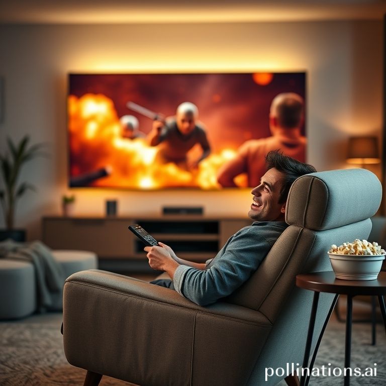 A person comfortably reclined in a modern armchair, holding a remote control, smiling slightly while watching a thrilling action movie on a large TV screen in a cozy, well-appointed living room, with subtle backlighting behind the TV, a bowl of popcorn on a side table, warm and inviting atmosphere, golden hour lighting, ultra realistic, highly detailed, 8k quality, photorealistic