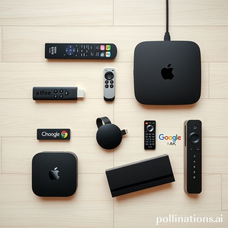 A neatly arranged flat lay of various streaming devices on a modern, light wooden surface. Include an Amazon Fire TV Stick 4K Max, a Roku Ultra, an Apple TV 4K, a Google Chromecast with Google TV, and an NVIDIA Shield TV Pro. Each device is clearly visible with its respective remote control. The scene is bright, clean, and showcases the diversity of the devices.