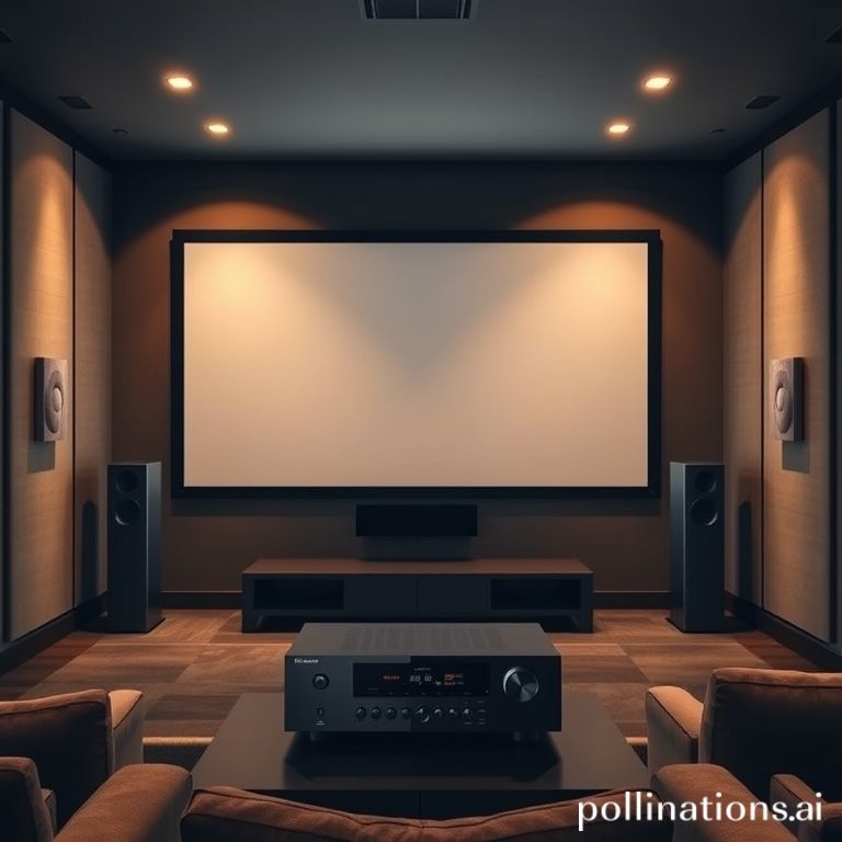 A sophisticated home theater room with dim, warm lighting. A large projection screen dominates the front wall, flanked by elegant floor-standing speakers. In the foreground, a sleek AV receiver is visible on a media console, with a powerful subwoofer subtly placed beside it. The room features acoustic panels on the walls and plush seating, creating an immersive and comfortable viewing environment.