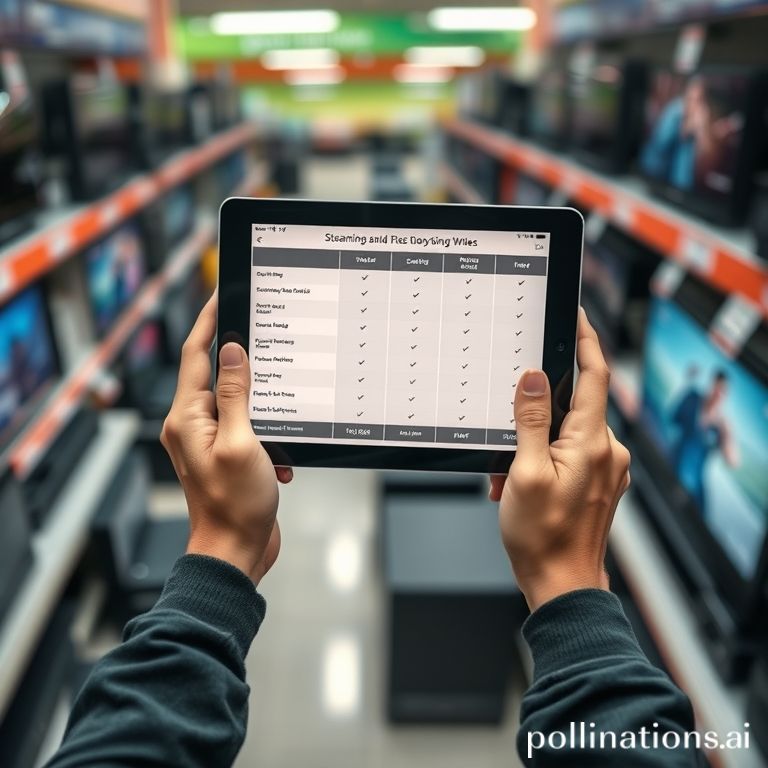 A person's hands holding a tablet displaying a comparison chart of different streaming devices and home theater components. The background shows a subtly blurred electronics store aisle with various TVs and sound systems. The person is focused, making a thoughtful decision, with a sense of informed choice. Soft, inviting store lighting.
