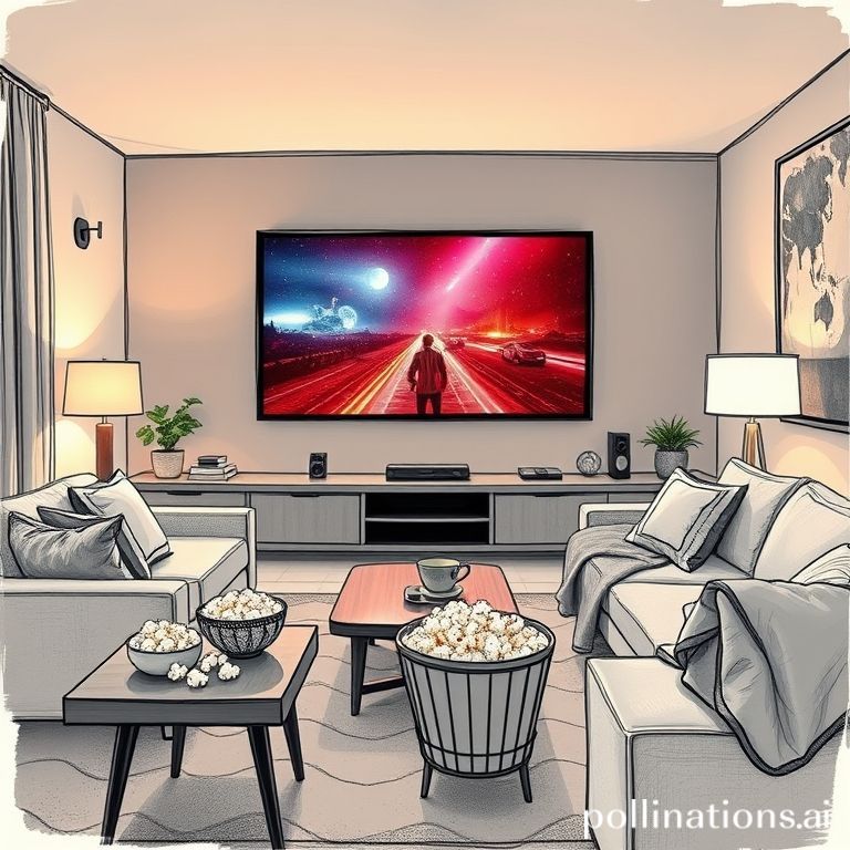A wide shot of a comfortable, modern living room at night, with a large TV displaying a vibrant movie scene. The room is softly lit by ambient lamps and the glow of the screen, creating a cozy and inviting atmosphere for entertainment. A bowl of popcorn is on a coffee table, and a plush blanket is draped over a sofa. The overall mood is relaxed and cinematic.