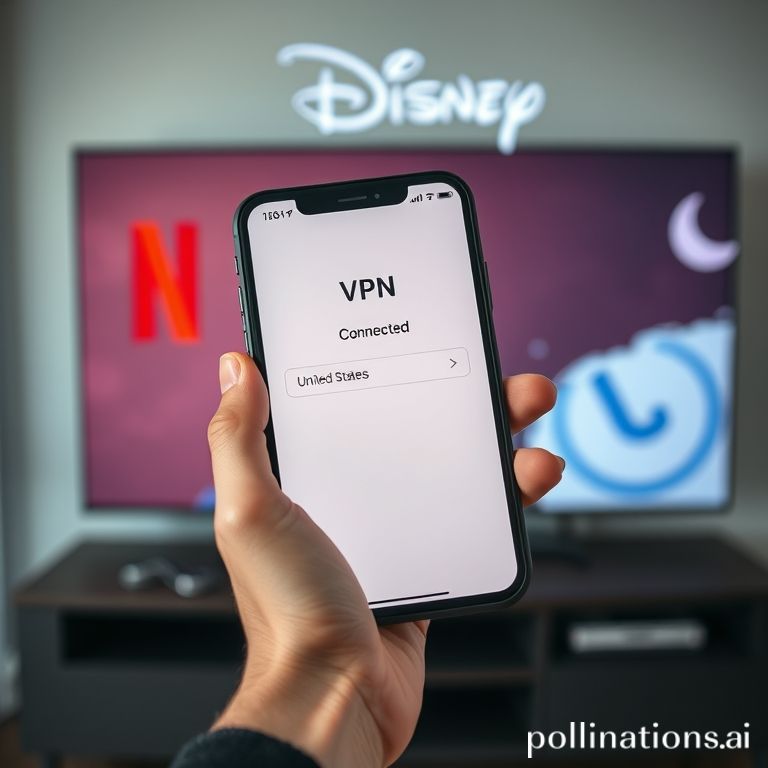 A close-up shot of a hand holding a tablet or smartphone, displaying a clean, modern VPN app interface with a large 'Connected' status and the chosen server location (e.g., 'United States'). In the slightly blurred background, a streaming service logo (like Netflix or Disney+) is visible on a TV screen, illustrating seamless integration. The scene is well-lit and focuses on user interaction with technology.