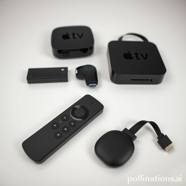 A close-up shot of various streaming devices on a clean white surface: an Apple TV 4K box, a Roku Streaming Stick 4K, an Amazon Fire TV Stick 4K Max, and a Google Chromecast with Google TV dongle. Each device is clearly visible, showcasing their unique designs, with soft studio lighting. Tech review aesthetic, high resolution, product photography style.