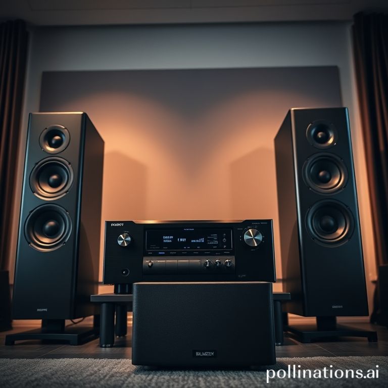 A sophisticated home theater setup focusing on the audio equipment: a high-end black AV receiver with glowing display, flanked by two elegant tower speakers with exposed drivers. A powerful subwoofer sits on the floor. The room is dimly lit, highlighting the equipment with a warm, inviting glow, showcasing a premium audio experience. Professional product photography, modern luxury home.
