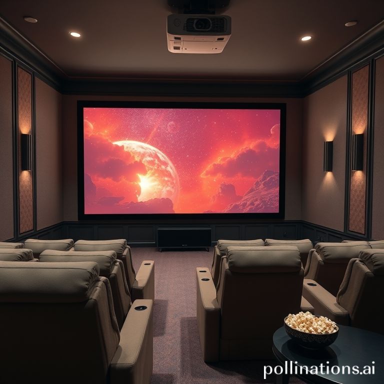 A large, dedicated home theater room with plush reclining seats, a massive projection screen displaying a vibrant sci-fi movie scene, and a high-quality projector mounted on the ceiling. Acoustic paneling on the walls, subtle accent lighting, and a bowl of popcorn on a side table. Luxurious and immersive cinematic experience, high dynamic range, deep colors.