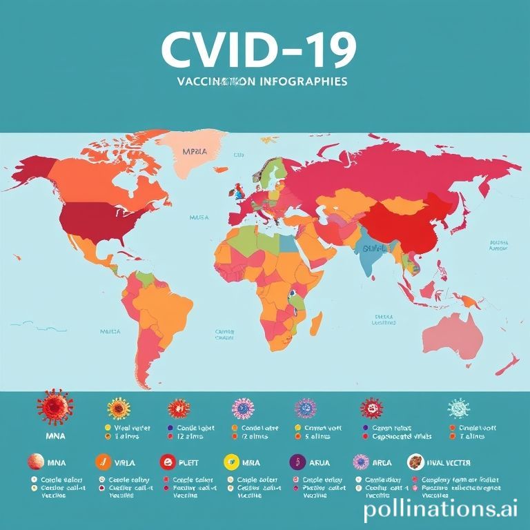 A detailed infographic illustrating the different COVID-19 vaccine types (mRNA, viral vector, inactivated virus) with small icons representing each, clear labels, and a global map in the background showing distribution, vibrant and informative, scientific illustration style, high resolution, educational, clean design