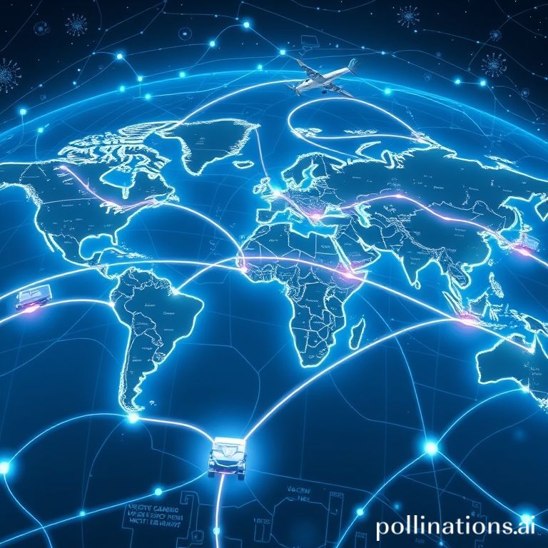 covid19 - A complex global logistics network map with glowing lines connecting continents, showing cargo planes, trucks, and